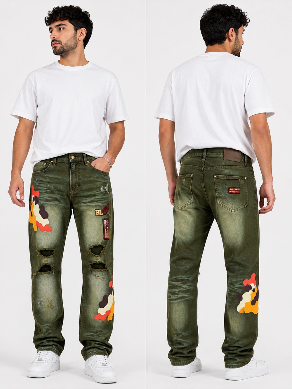 Men's Olive Distressed Patchwork Jeans men’s size 40-32